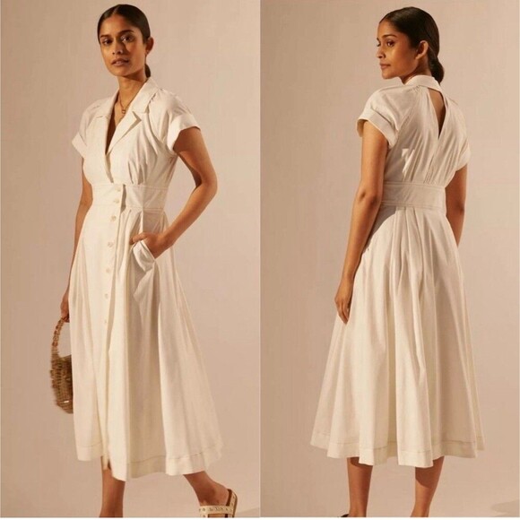 Anthropologie Dresses & Skirts - Maeve Anthropologie Poplin‎ Shirt Dress Women’s 14 Midi White Collared V Neck
